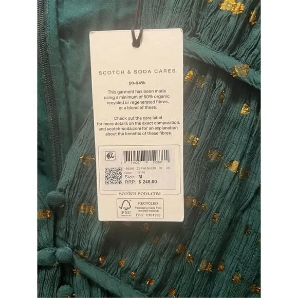 Scotch & Soda Long Sleeved Lurex Jacquard Ruffle Green Dress size M NWT$248 - Picture 9 of 9